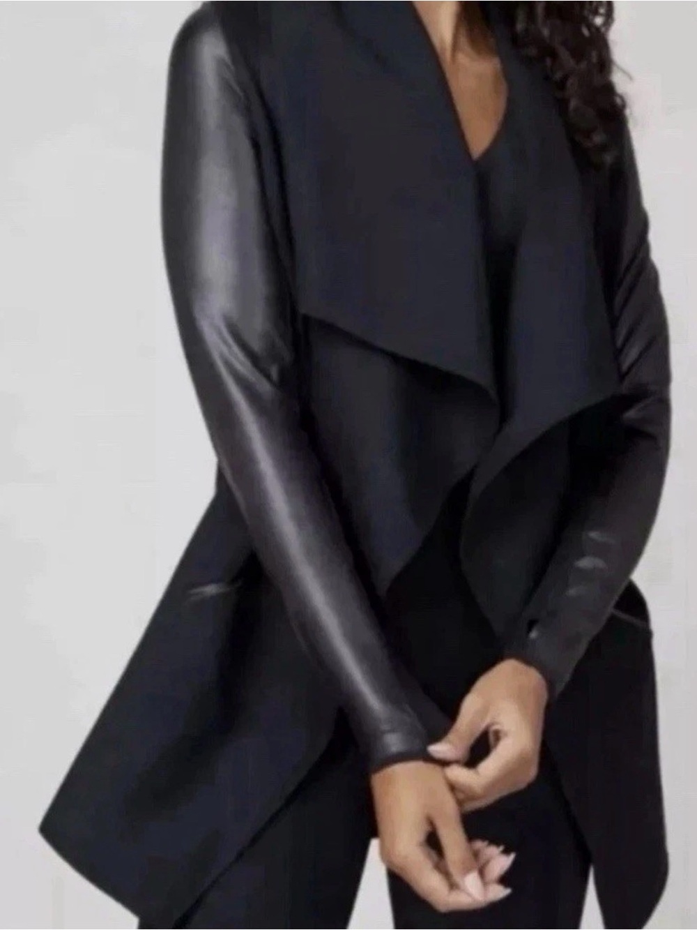 SPANX Drape Front Jacket Coat XS Small Pockets Stretch Faux Leather Trim Black